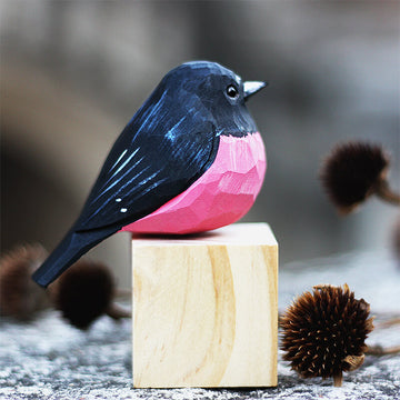 Handmade Carved Wooden Pink Robin Bird Figurine
